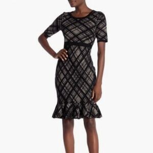 NINA LEONARD 𝅺Plaid Printed Ruffle Knit Dress L NEW